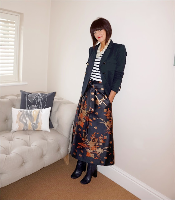 My Midlife Fashion, J Crew twisted pearl hammock necklace, marks and spencer brocade midi skirt, zara double breasted jacket, block heel ankle boots
