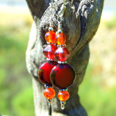 fashion earrings jewelry for women with red and orange Czech glass beads