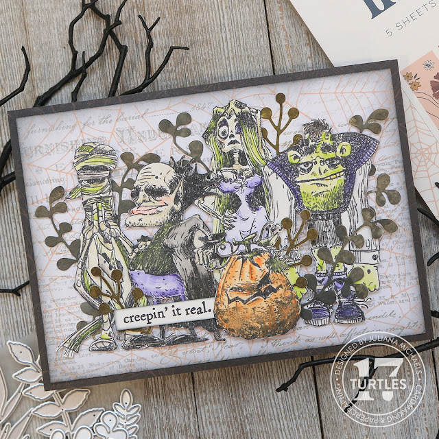Creepin' It Real Halloween Card by Juliana Michaels featuring Tim Holtz Monster's Reunion Stamp Set, Scrapbook.com Delicate Leaves and Autumn Leaves Die Set and Harvest Paper Pad