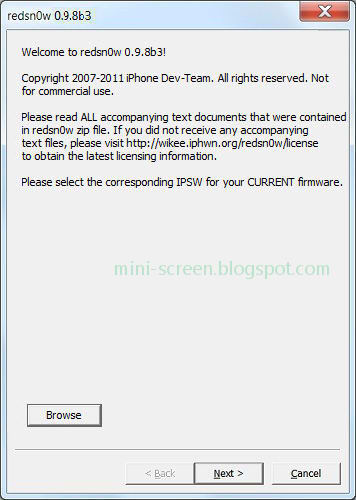 Jailbreak: Redsn0w 0.9.8b3 Welcome Screen on Windows 7 OS