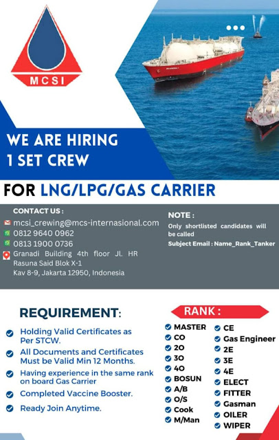 Info Cans Crew Kapal MCSI Cruise Ship, LNG Carrier, Oil Tanker 2024