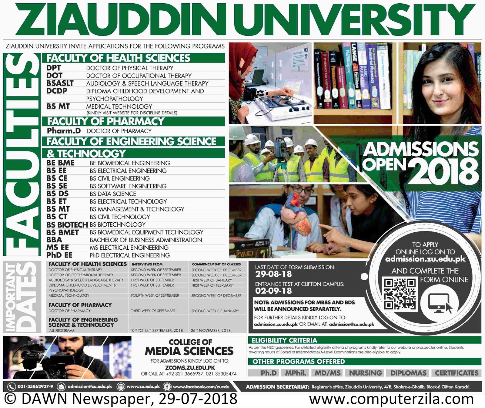 Admissions Open For Fall 2018 At ZU Karachi Campus