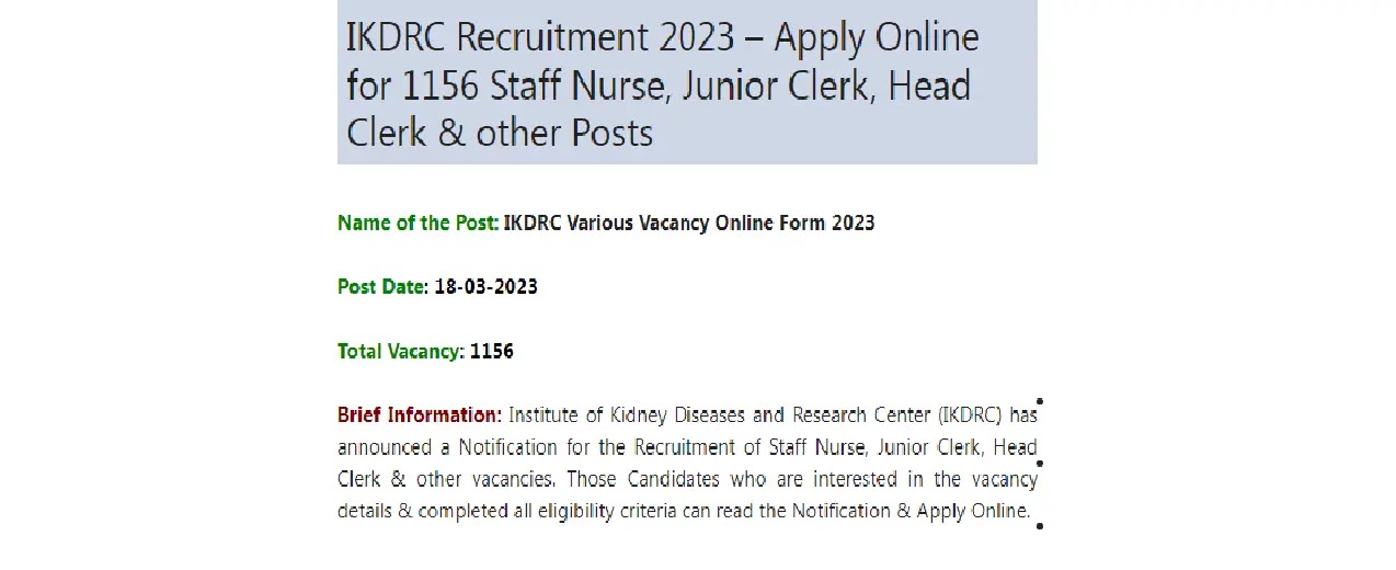IKDRC Recruitment Apply Online for 1156 Staff Nurse, Junior Clerk, Head Clerk & other Posts Age Limit, Last Date and Apply Process