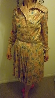  vintage elbise cicekli somon polyester