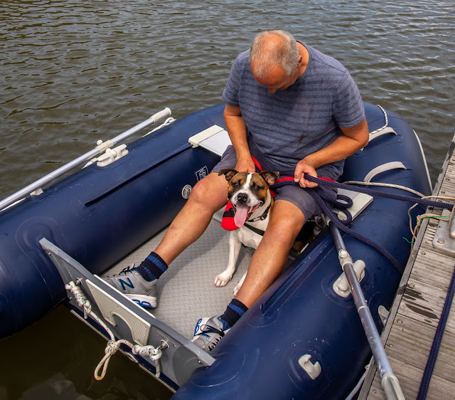 Photo of Ruby about to set off on her first dinghy ride