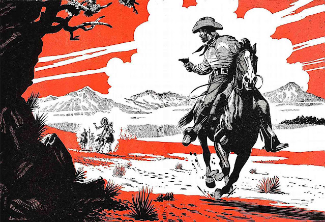 an illustration by Denis McLoughlin of cowboys and Indians in black and red