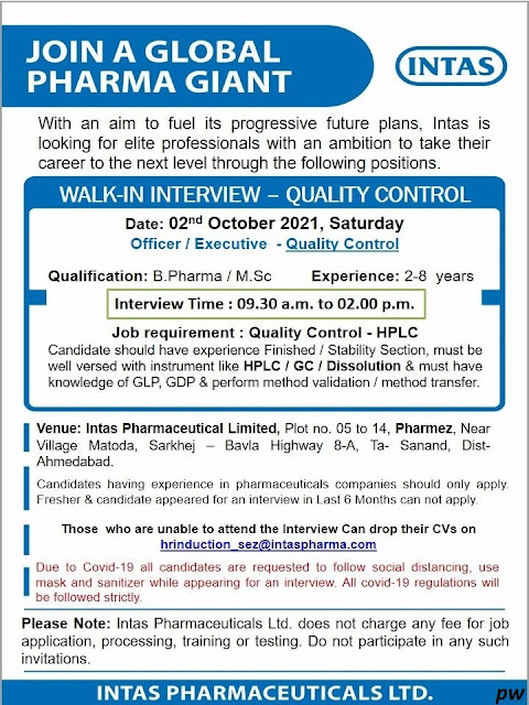 Job Availables,Intas Pharmaceuticals Limited– Walk-In Interview for QC / QA Departments