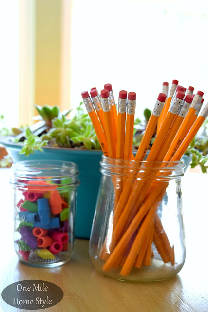 Word of the Year 2016: Simplify | One Mile Home Style - Organized School Supplies in Glass Jars