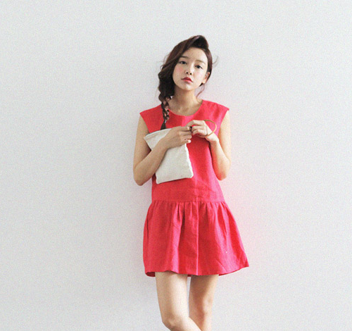 Color Linen Shirred Low Waist Dress