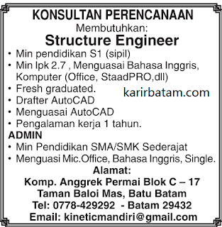 Lowongan Kerja Structure Engineer Taman Baloi Mas