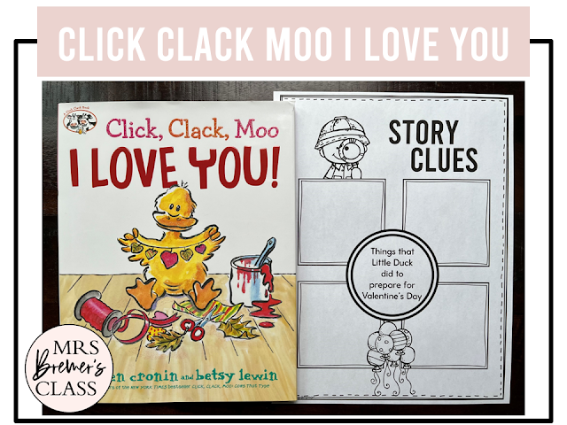 Click Clack Moo I Love You book activities unit with literacy printables, reading companion activities, lesson ideas, and a craft for Kindergarten and First Grade