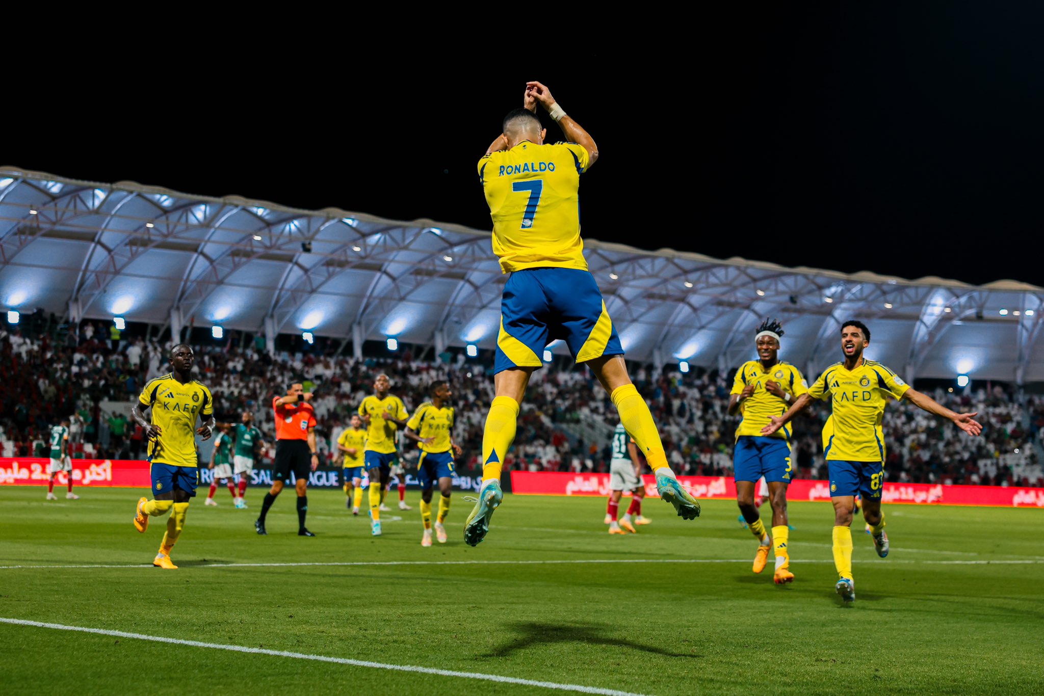 Cristiano Ronaldo celebrates after scoring for Al Nassr in a Saudi Pro League encounter
