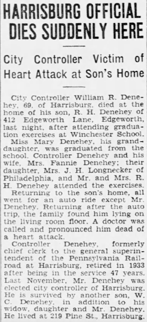 death of William R. Denehey in Harrisburg Telegraph June 1936