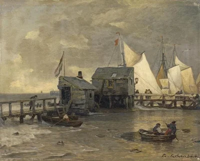 Jetty with sailing boats painting Andreas Achenbach