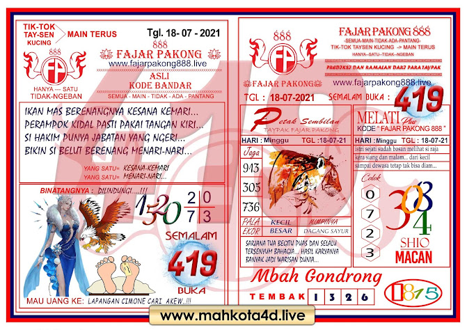 Syair Prediksi Fajar Pakong 888 Minggu, 18 - Juli - 2021