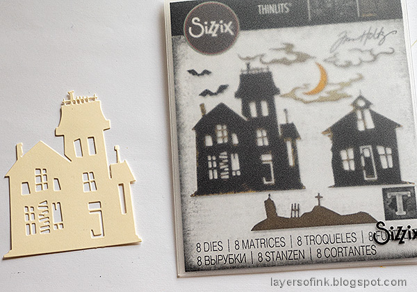 Layers of ink - Spooky House Tag Tutorial by Anna-Karin Evaldsson. Die cut Tim Holtz Ghost Town 2.