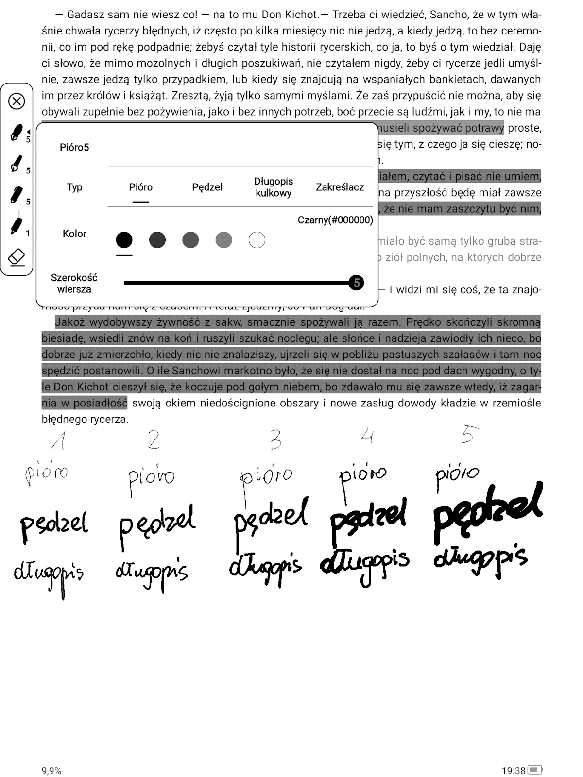 Panel wyboru narzędzia pisarskiego do odręcznych notatek, grubości i koloru linii w aplikacji Xreader na PocketBook InkPad X Pro