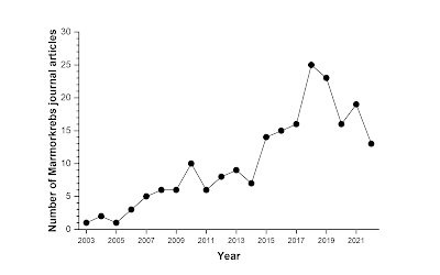 Graph of publications about Marmorkrebs from 2003 to 2022, with peak in 2018.
