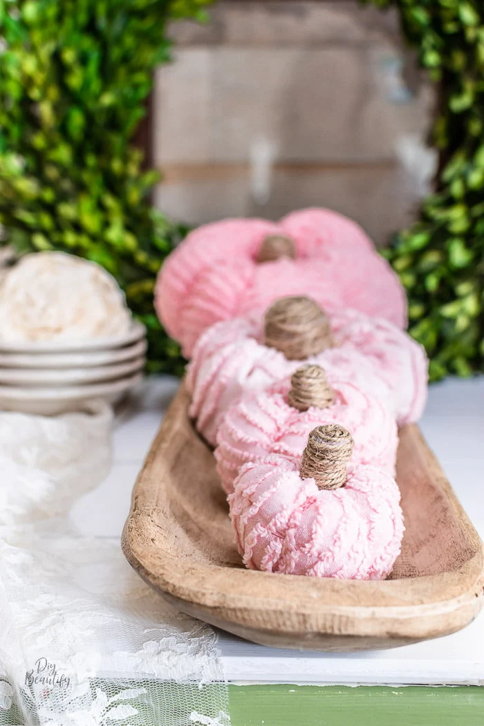 pink chenille pumpkins, wood dough bowl