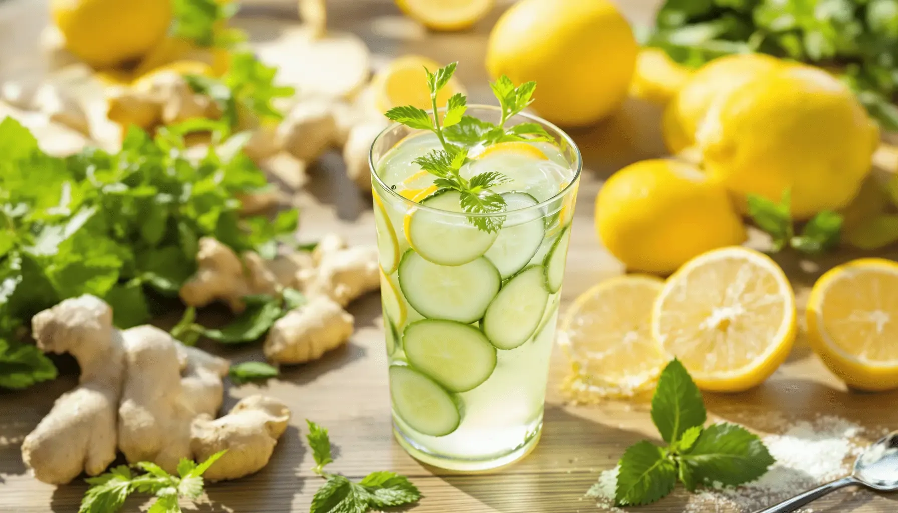 Freshly squeezed lemon, cucumber, and ginger infused water in a glass, surrounded by sliced lemons, ginger, and fresh herbs.