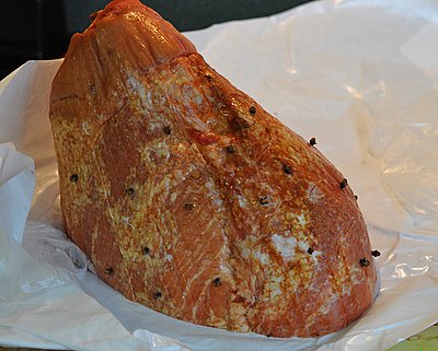 Twice-Smoked Ham for Ham 101 ♥ KitchenParade.com, scored and stuck with cloves.