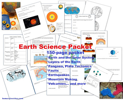 http://homeschoolden.com/2015/02/04/earth-science-packet-layers-of-the-earth-plate-tectonics-earthquakes-volcanoes-4-types-of-mountains-and-more/