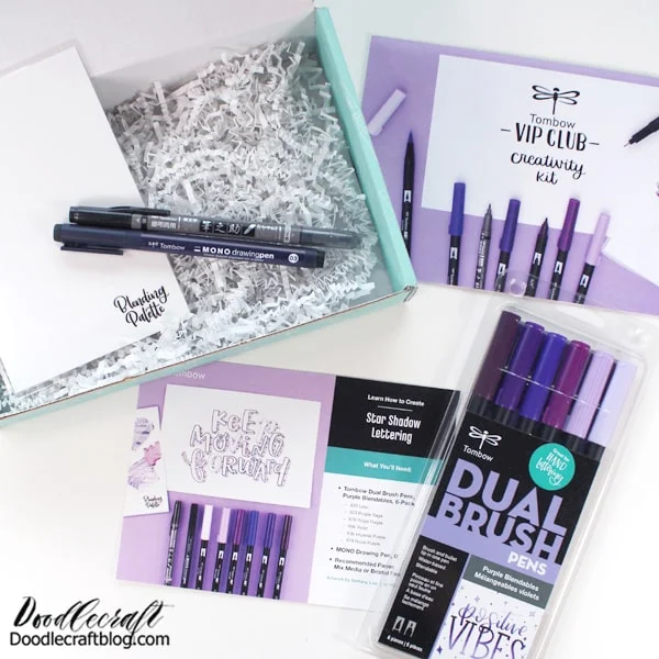 The Creativity Kit contains: Dual Brush Pens in Purple Blendables  MONO Drawing Pen 03  Tombow Calligraphy Pen  Blending Palette  Star Shadow Lettering Instructions