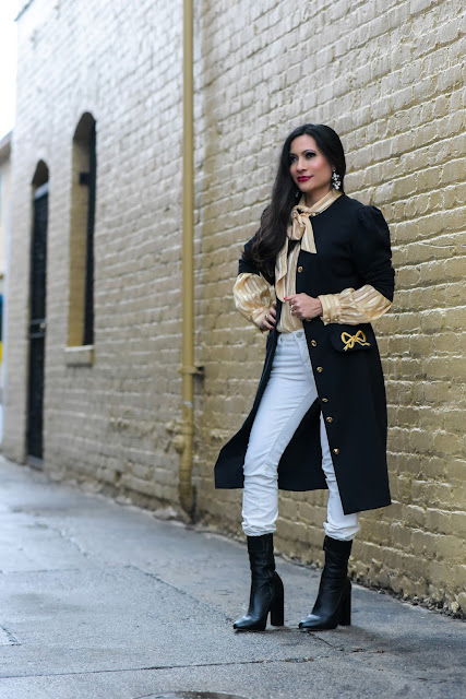 gold bow blouse white boho beaded earrings navy military coat white J Brand corduroy skinny pants black zara mid-calf leather boots petite blogger California fashion blogger Joanna Joy A Stylish Love Story Fashion Blog 