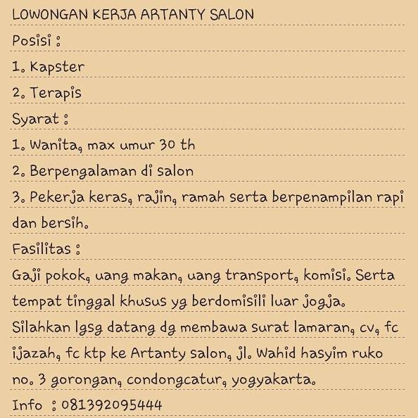 Lowongan Kerja Salon Spa Artanty Yogyakarta Agustus 2015 