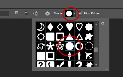 Select a circle shape from the Custom Shape pop-up panel.