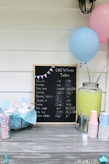 Easy DIY gender reveal party decorations Old wives tales chalkboard sign!