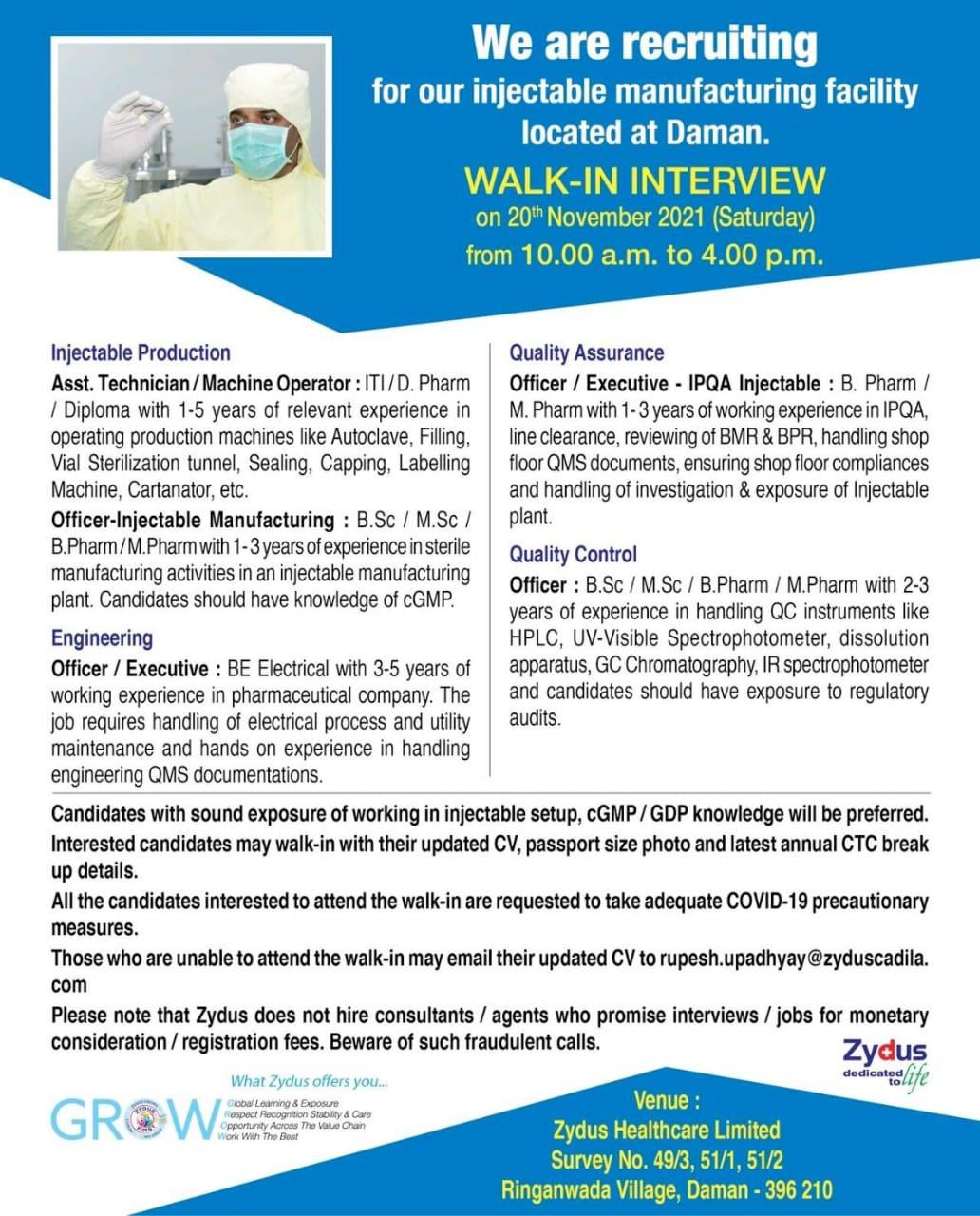 Job Availables,Zydus Walk-In-Interview For BSc/ MSc/ B.Pharm/ M.Pharm/ D.Pharm/ ITI/ Diploma/ BE Electrical