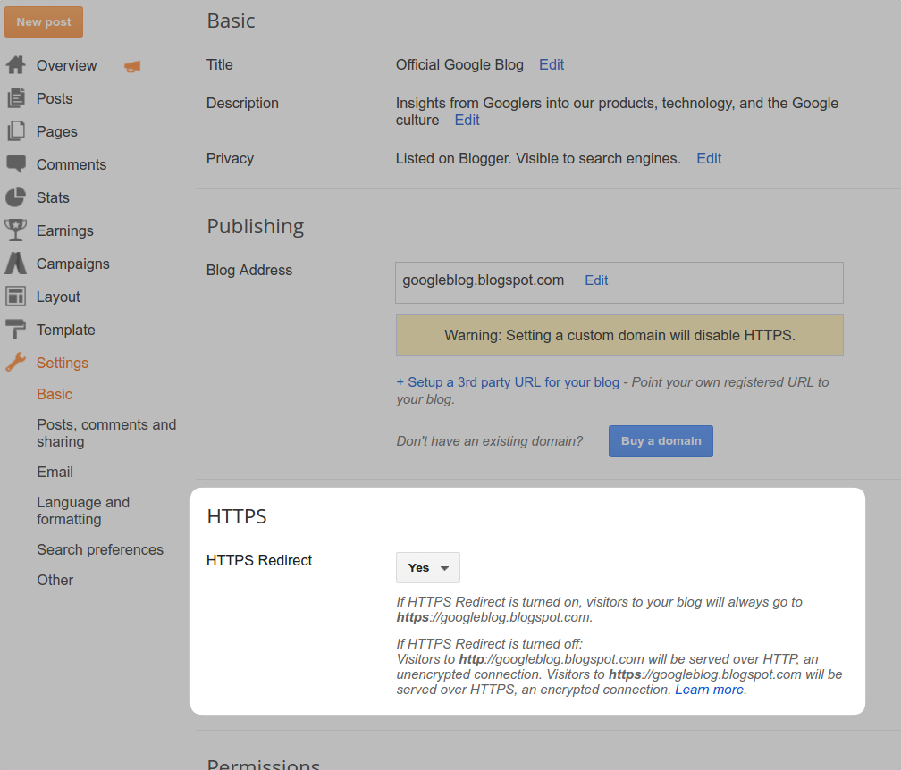 The New Https Redirect Setting In The Blogger Dashboard