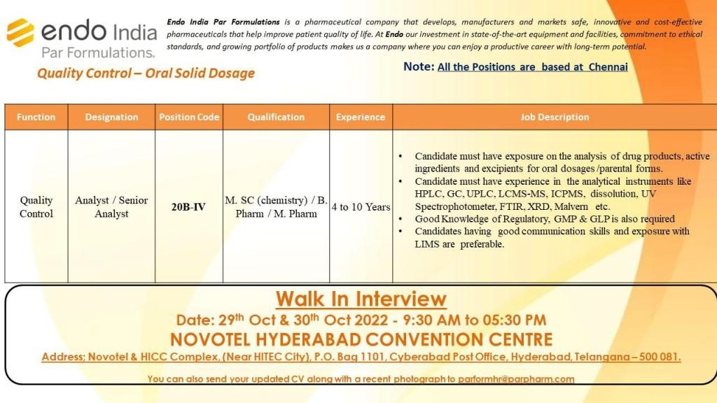 Job Availables for Endo India Par Formulation Walk-In Interview for MSc Chemistry/ B Pharm/ M Pharm