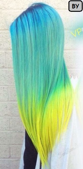 Rambut wanita panjang lurus degradasi warna biru kuning 2017