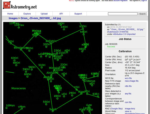 Astrometry for Orion image, DSLR, 35mm, 4 seconds (Source: Palmia Observatory)