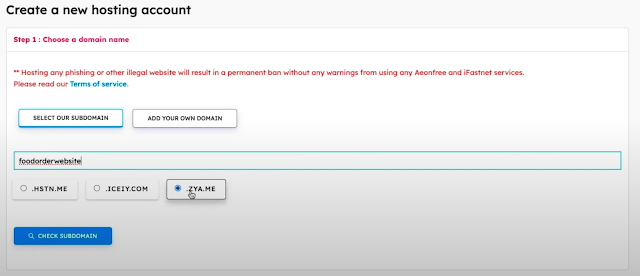 Selecting a Free Sub Domain at Aeonfree Hosting