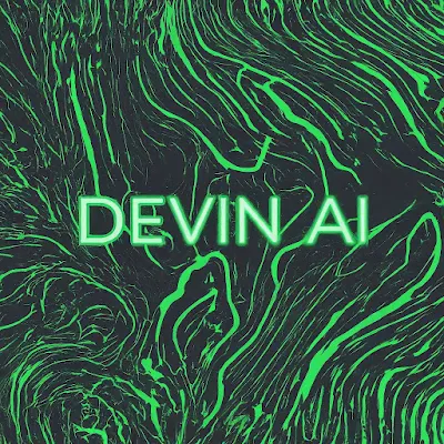 Digital artwork depicting a green wave pattern with the text "DEVIN AI" written in neon green in the center.