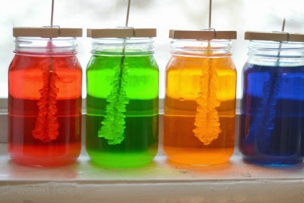 ROCK CANDY EXPERIMENT: A beautiful Science experiment & a yummy treat all in one.  My kids loved checking on their jars each day to see if the rock candy had grown!