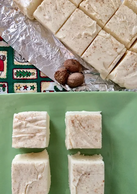 Sliced white chocolate eggnog fudge.