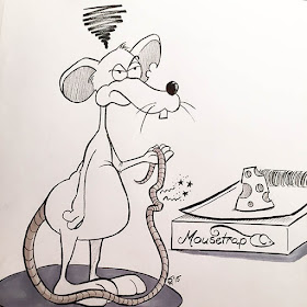 Black and white ink drawing of a rat mouse holding its tail after having been snapped pinched by a mousetrap