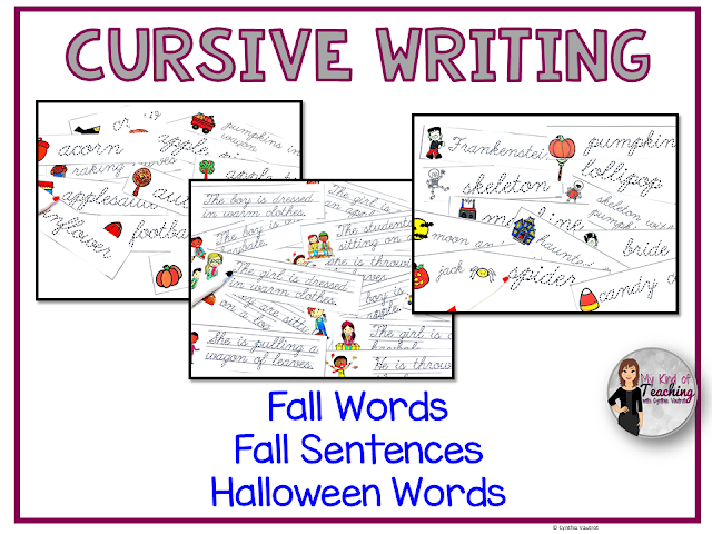 Cursive writing with fall words, fall sentences, and halloween words