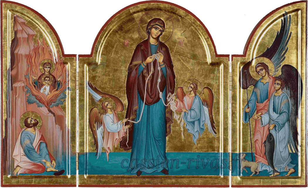 triptyque marie qui dénoue les noeux. moise et le buisson ardent du Sinaï. Tobie et l'archange Raphael