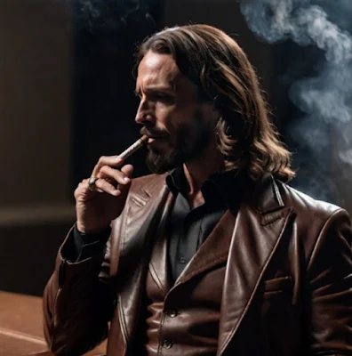 Jesus wearing a retro brown leather suit and smoking a cigar from the chest up