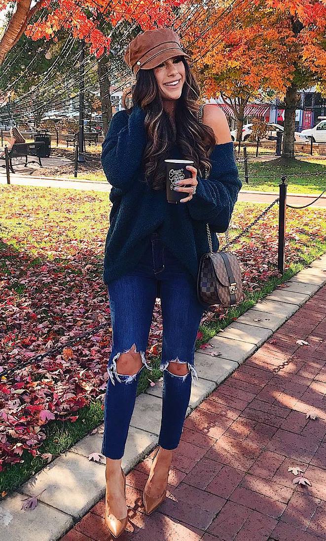 cozy fall outfit / hat + one shoulder sweater + bag + ripped jeans + heels