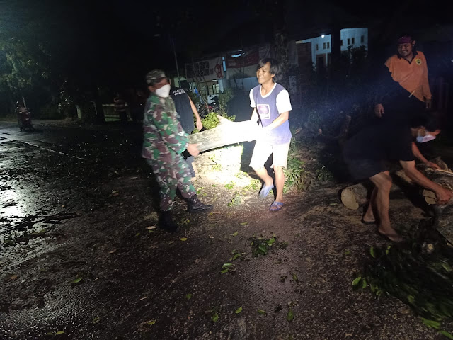 Kodim Sragen - Babinsa Sragen Kulon Bantu Warga Pembersihan Pohon Tumbang