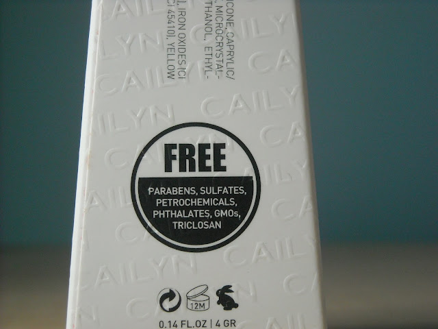 Back of Cailyn lip balm box, text reads "Free, parabens, sulfates, petrochemicals, phthalates, GMOs, Triclosan"