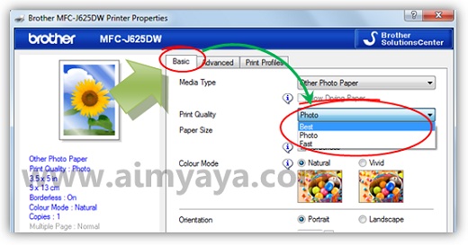  Gambar: Contoh cara mengatur properties / setting printer brother MFC J625DW agar memiliki kualitas cetak yang lebih baik