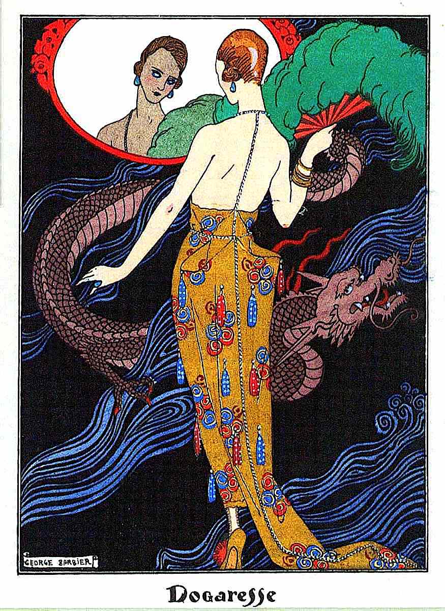 a George Barbier fashion illustration with a dragon