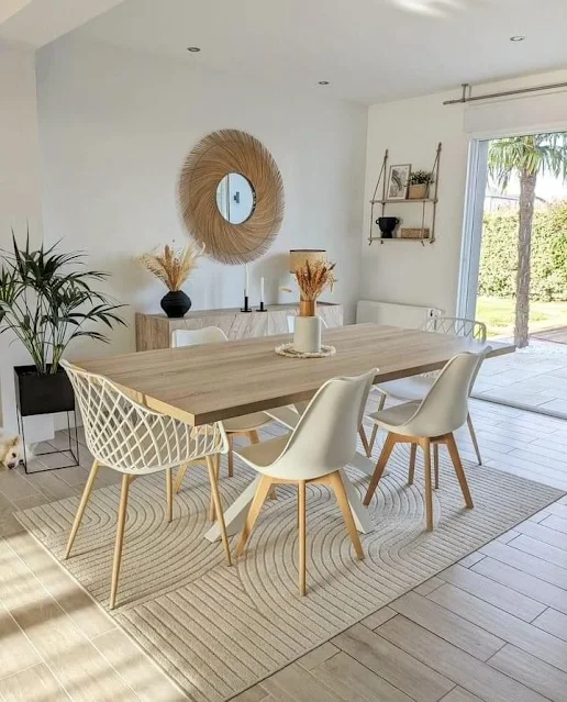 espelho de sol na sala de jantar boho chic